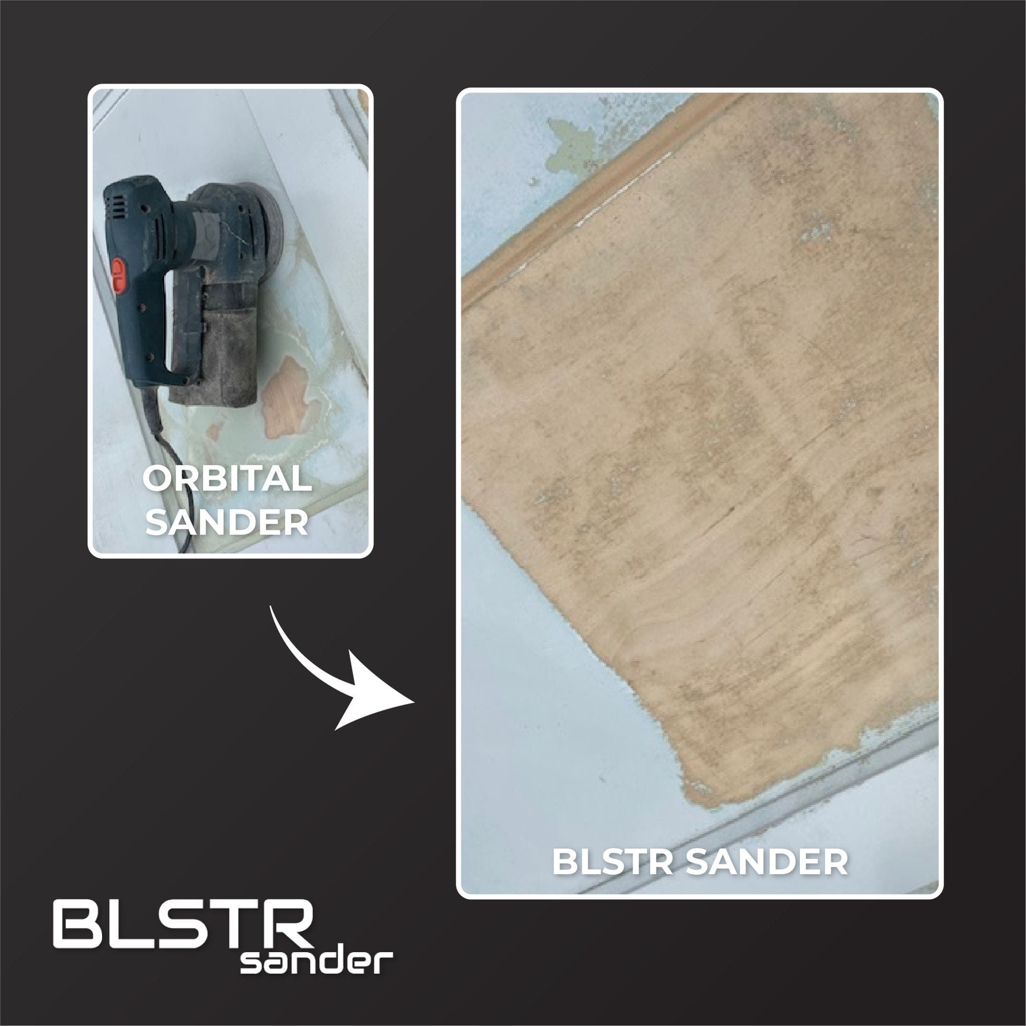Een houten plank die is afgewerkt met een excentrische schuurmachine naast dezelfde plank die is afgewerkt met de BLSTR sander