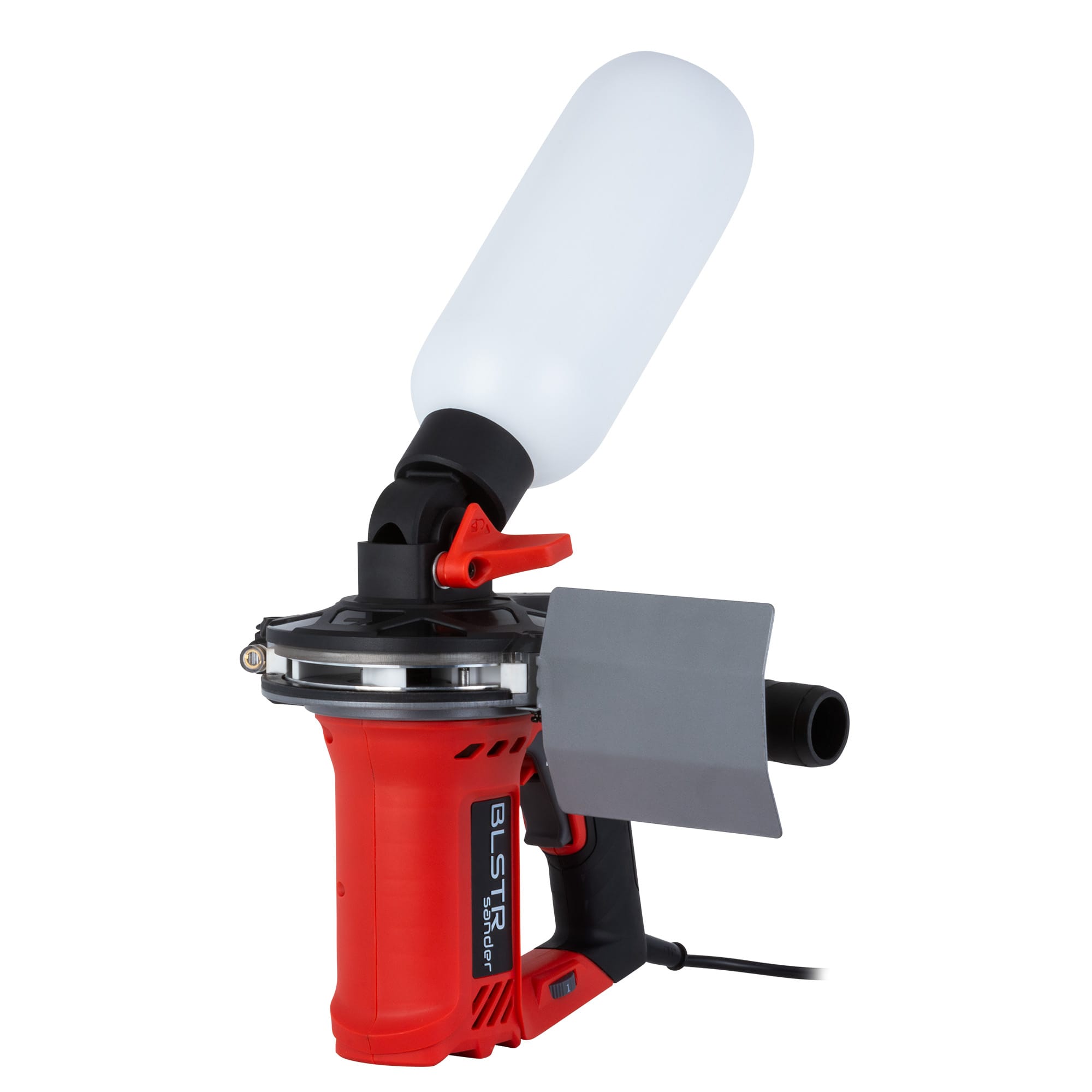Side view of the BLSTR sander with its grit bottle and blast shield fitted