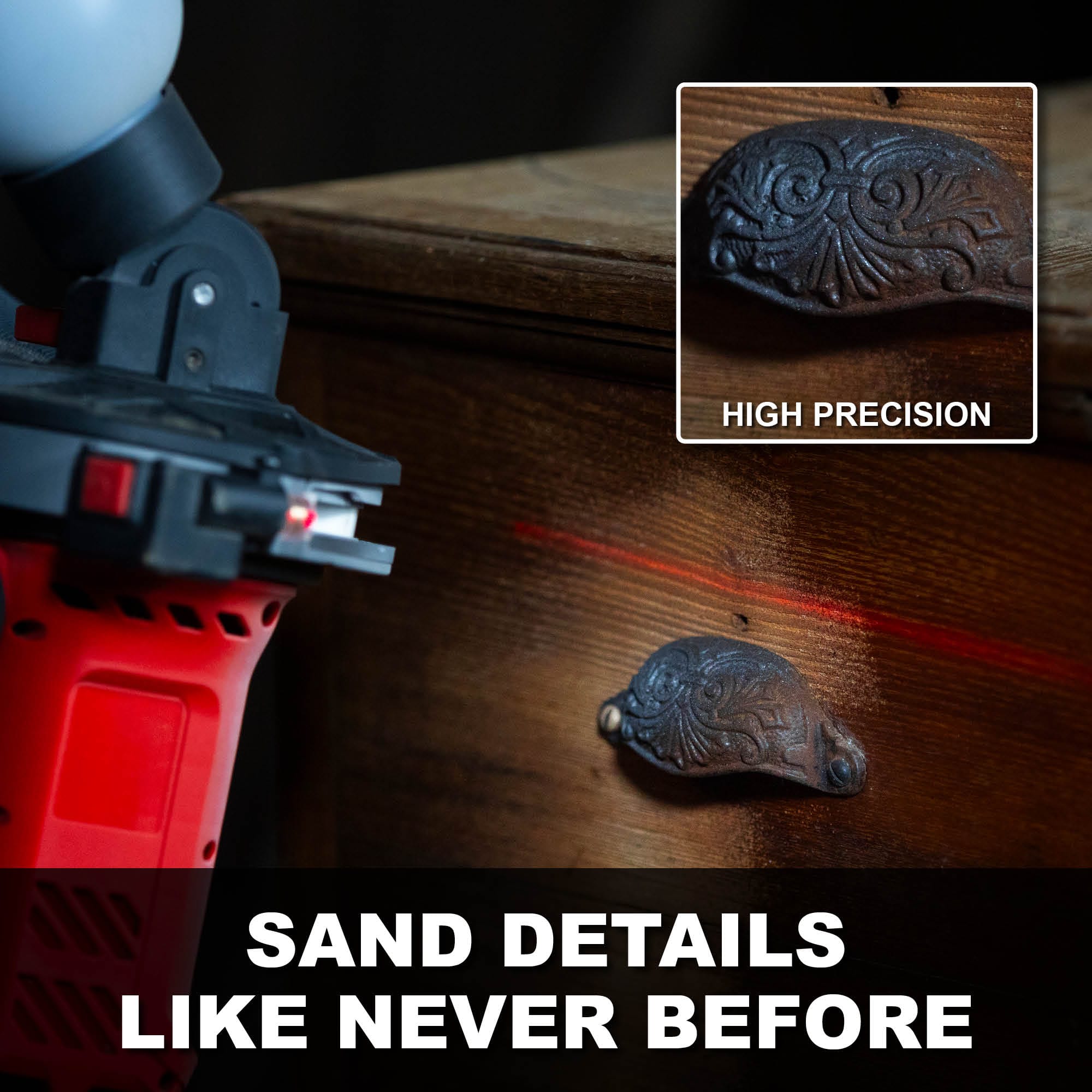 The BLSTR sander's red laser guide trained on an ornate cast-iron drawer handle on a wooden chest, with a high-precision close-up inset