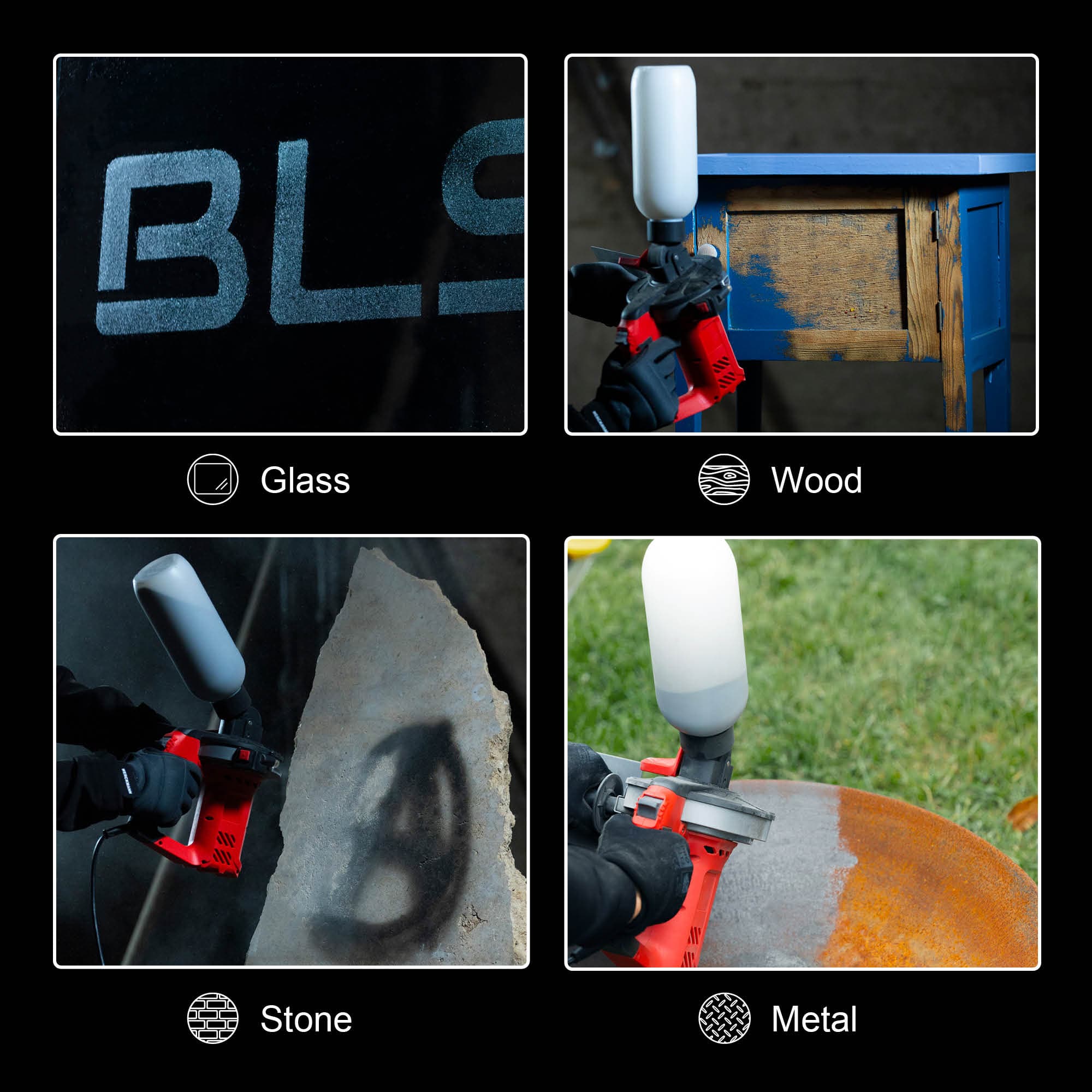 Four panels showing the BLSTR sander used on glass, wood, stone and metal