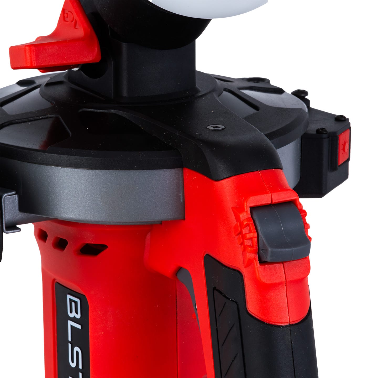 Close-up of the BLSTR sander's body, sanding-head collar and control switch